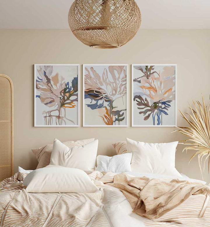 FEATHERED FLORAL FORMS SET , SET OF 3 PAINTINGS