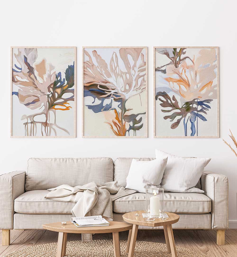 FEATHERED FLORAL FORMS SET , SET OF 3 PAINTINGS