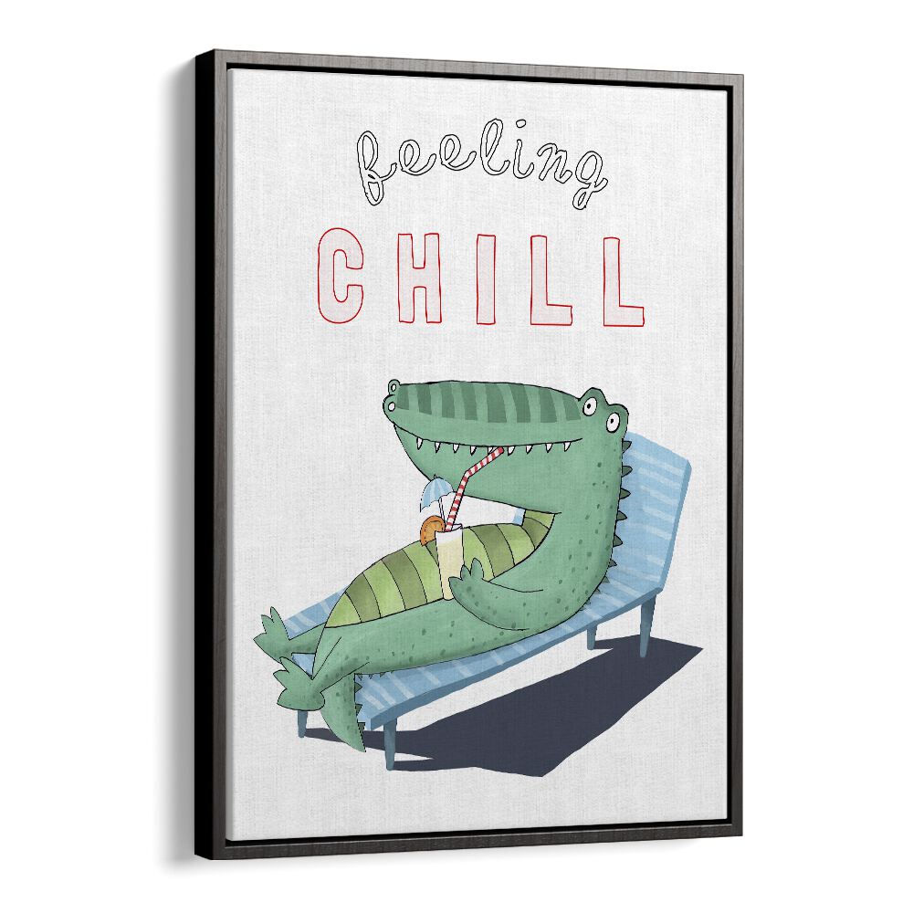 Feeling Chill Funny Crocodile Lounging In The Sunshine By Carla Daly Kids Painting in Black Floater Frame