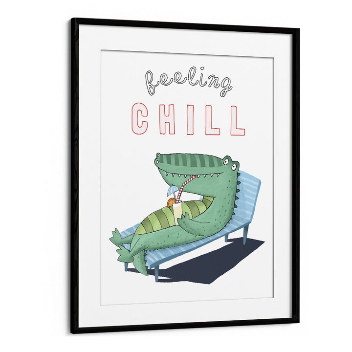 Feeling Chill Funny Crocodile Lounging In The Sunshine By Carla Daly Kids Painting in Black Frame With Mount