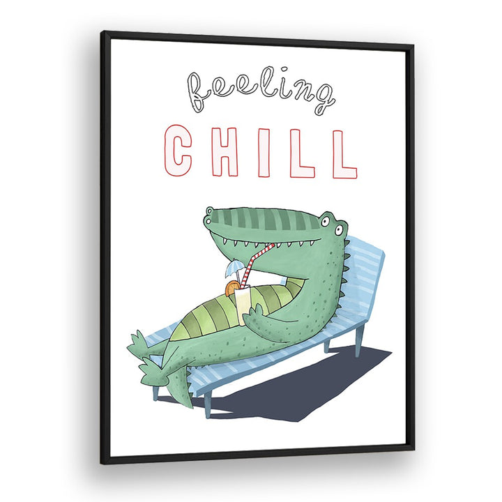 Feeling Chill Funny Crocodile Lounging In The Sunshine By Carla Daly Kids Painting in Black Plain Frame