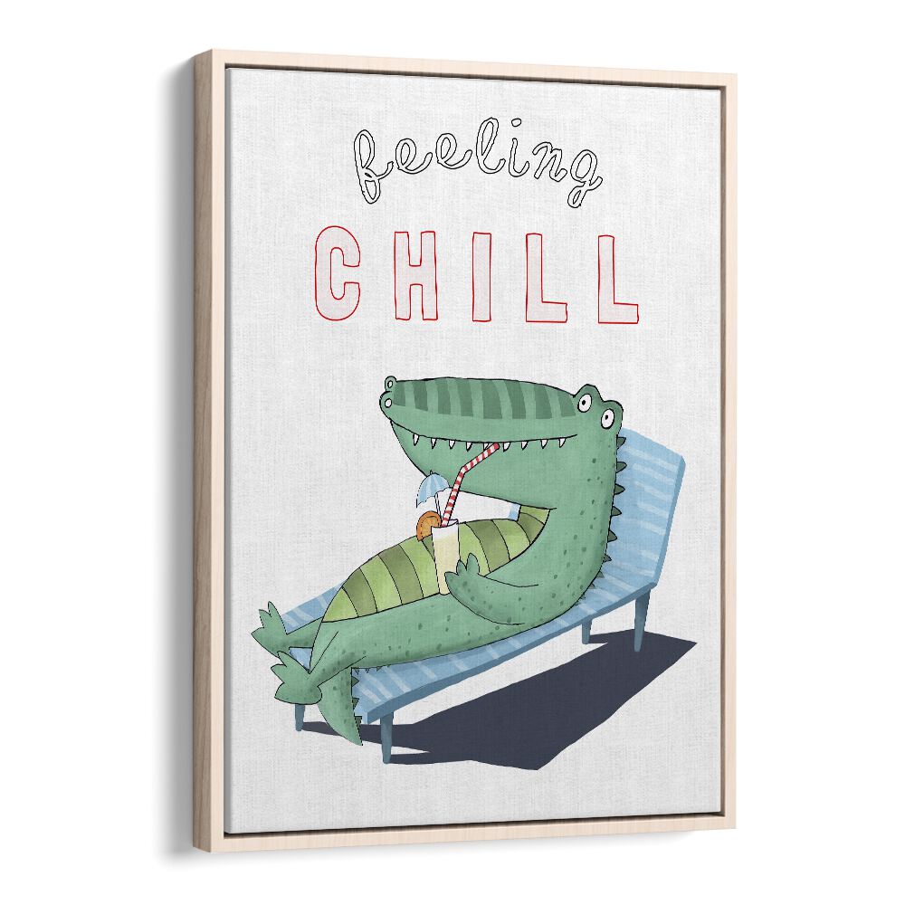 Feeling Chill Funny Crocodile Lounging In The Sunshine By Carla Daly Kids Painting in Oak Wood Floater Frame