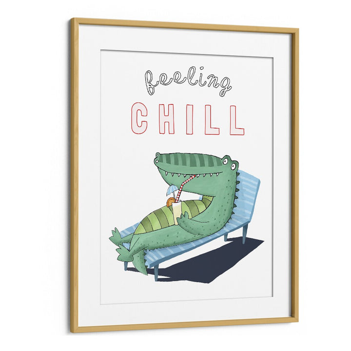 Feeling Chill Funny Crocodile Lounging In The Sunshine By Carla Daly Kids Painting in Oak Wood Frame With Mount