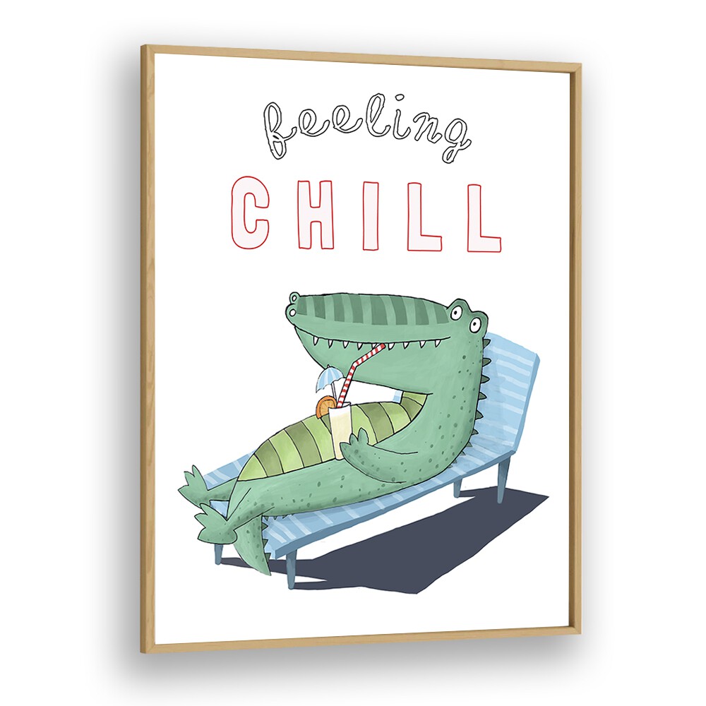 Feeling Chill Funny Crocodile Lounging In The Sunshine By Carla Daly Kids Painting in Oak Wood Plain Frame