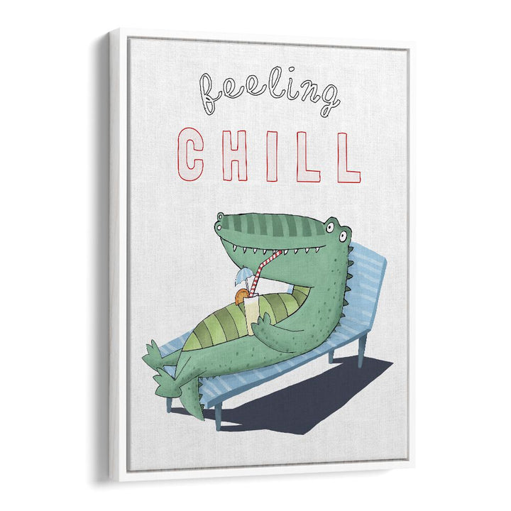 Feeling Chill Funny Crocodile Lounging In The Sunshine By Carla Daly Kids Painting in White Floater Frame