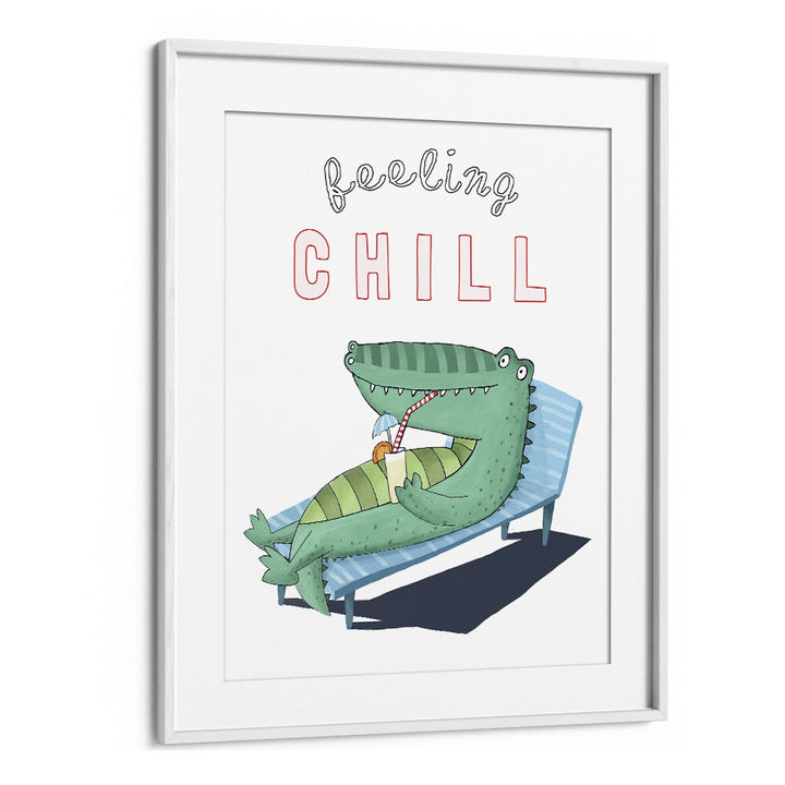 Feeling Chill Funny Crocodile Lounging In The Sunshine By Carla Daly Kids Painting in White Frame With Mount