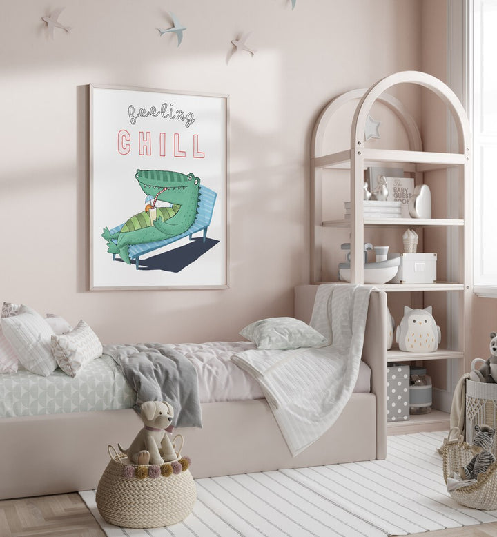 Feeling Chill Funny Crocodile Lounging In The Sunshine By Carla Daly Kids Painting placed on a wall