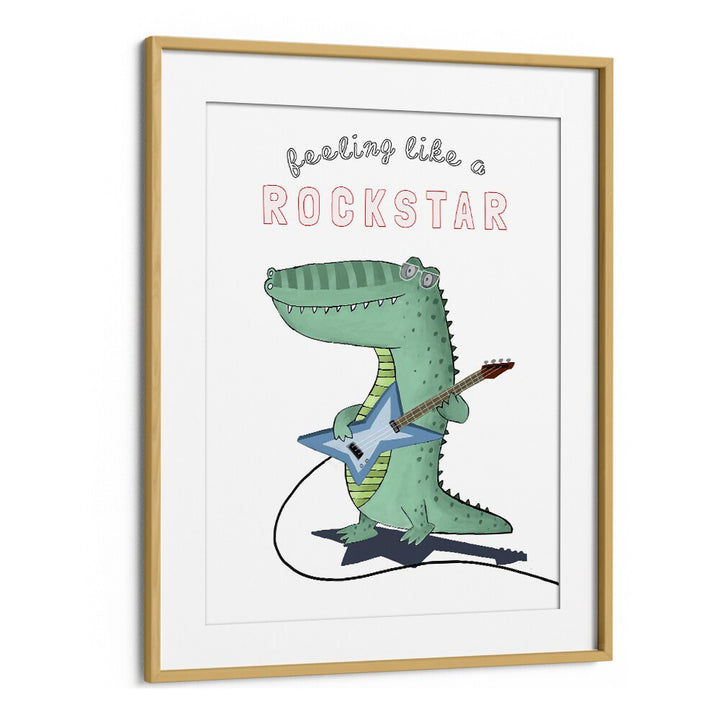 Feeling Like A Rockstar Funny Crocodile Playing The Guitar By Carla Daly Kids Painting in Oak Wood Frame With Mount