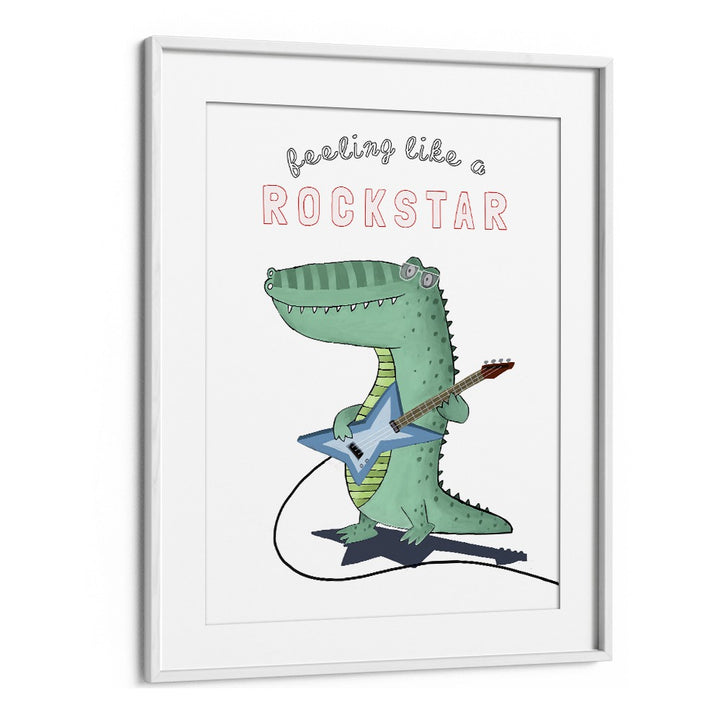 Feeling Like A Rockstar Funny Crocodile Playing The Guitar By Carla Daly Kids Painting in White Frame With Mount