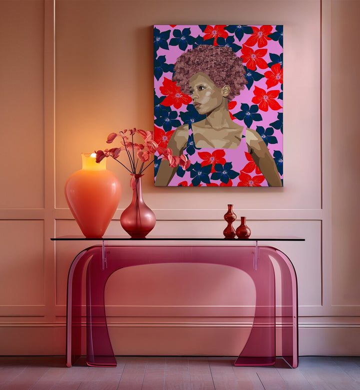 Feelings By Lynnda Rakos Pop Art Paintings Pop Art Prints in Gallery Wrap placed on a wall behind a table