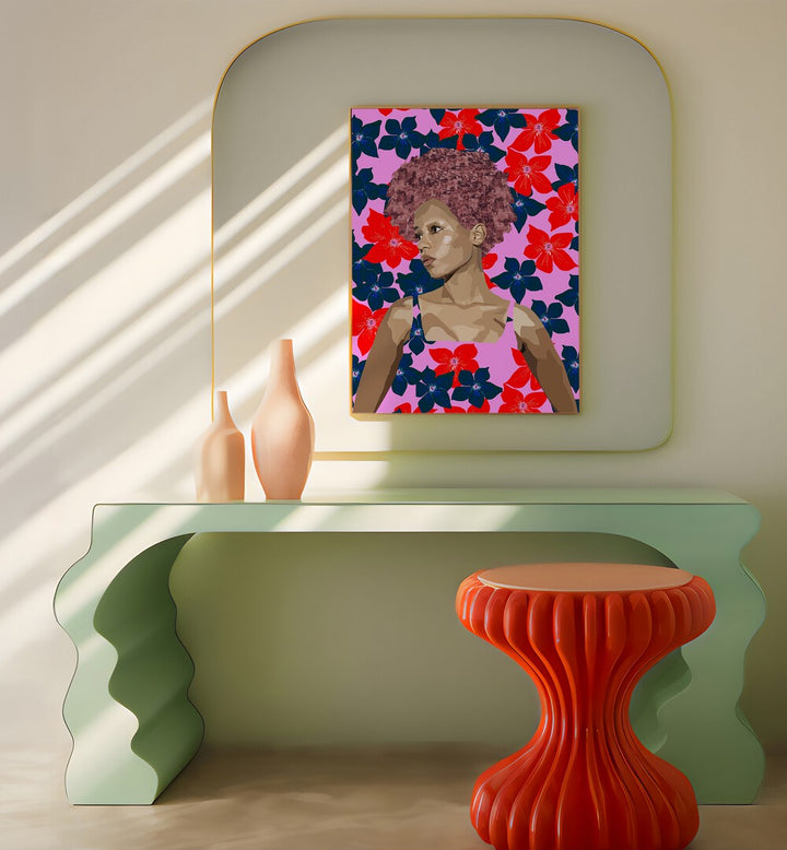 Feelings By Lynnda Rakos Pop Art Paintings Pop Art Prints in Gallery Wrap placed on a wall behind a table