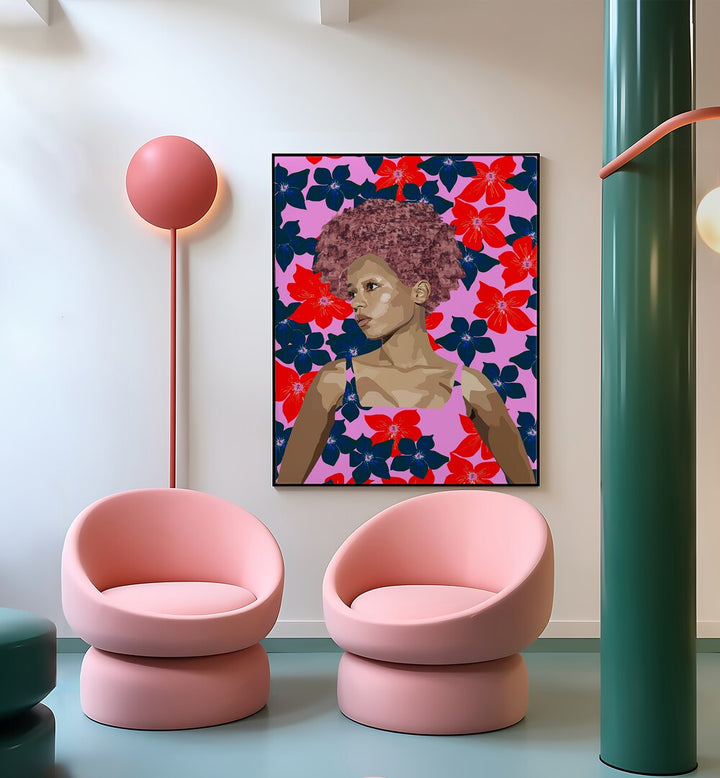 Feelings By Lynnda Rakos Pop Art Paintings Pop Art Prints in Black Plain Frame placed on a wall behind a chairs