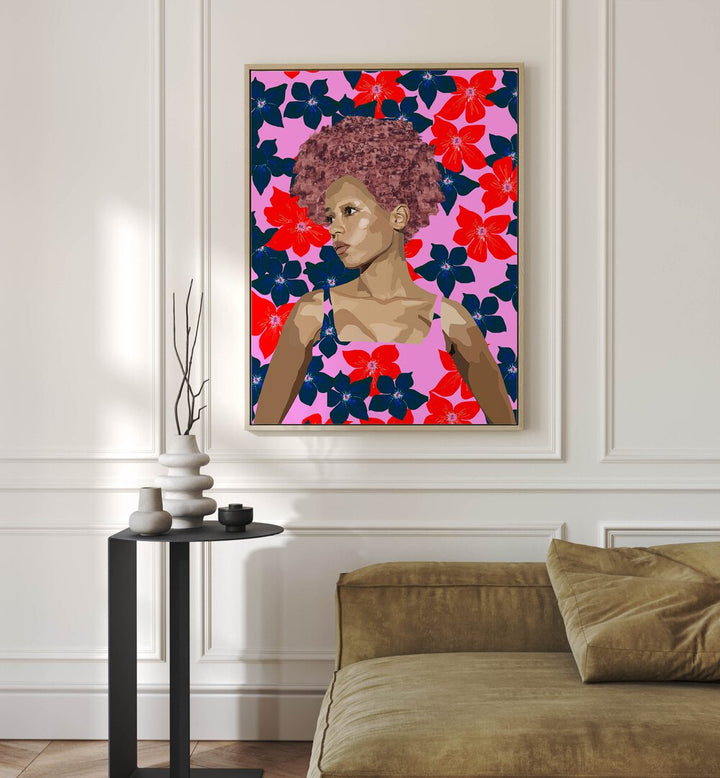 Feelings By Lynnda Rakos Pop Art Paintings Pop Art Prints in Oak Wood Floater Frame placed on a wall behind a sofa