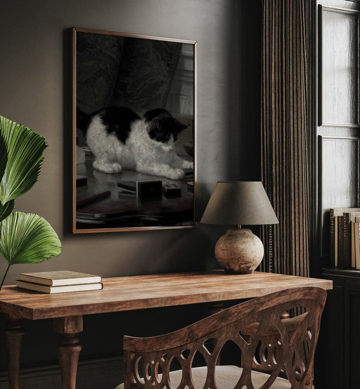 Feline Majesty The Enigmatic Cat Gothic Art Prints in Oak Wood Plain Frame hanging on wall above study table beside a window.