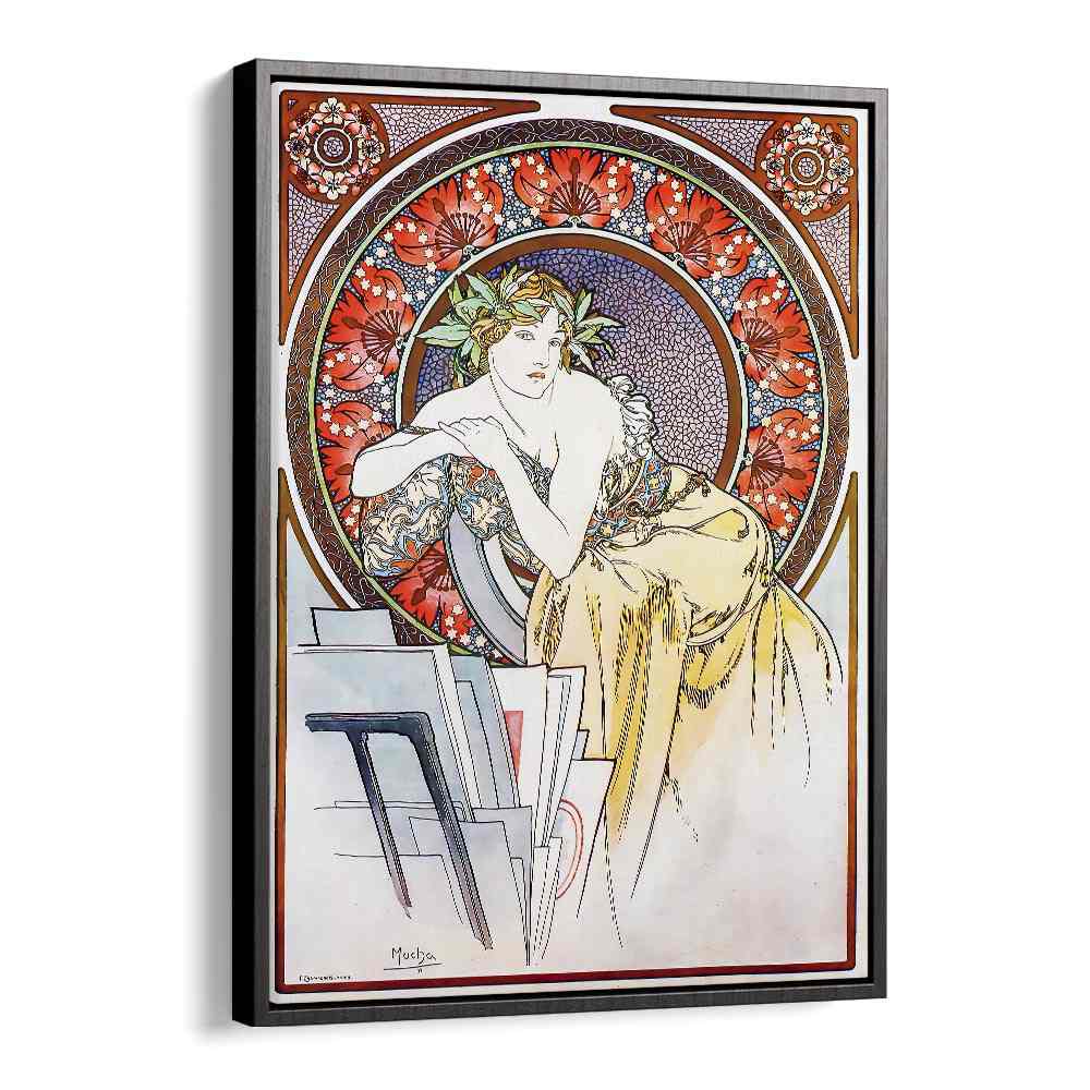 Femme Au Carton A Dessins Girl With Easel 1898 By Alphonse Mucha Vintage Paintings in Black Floater Frame