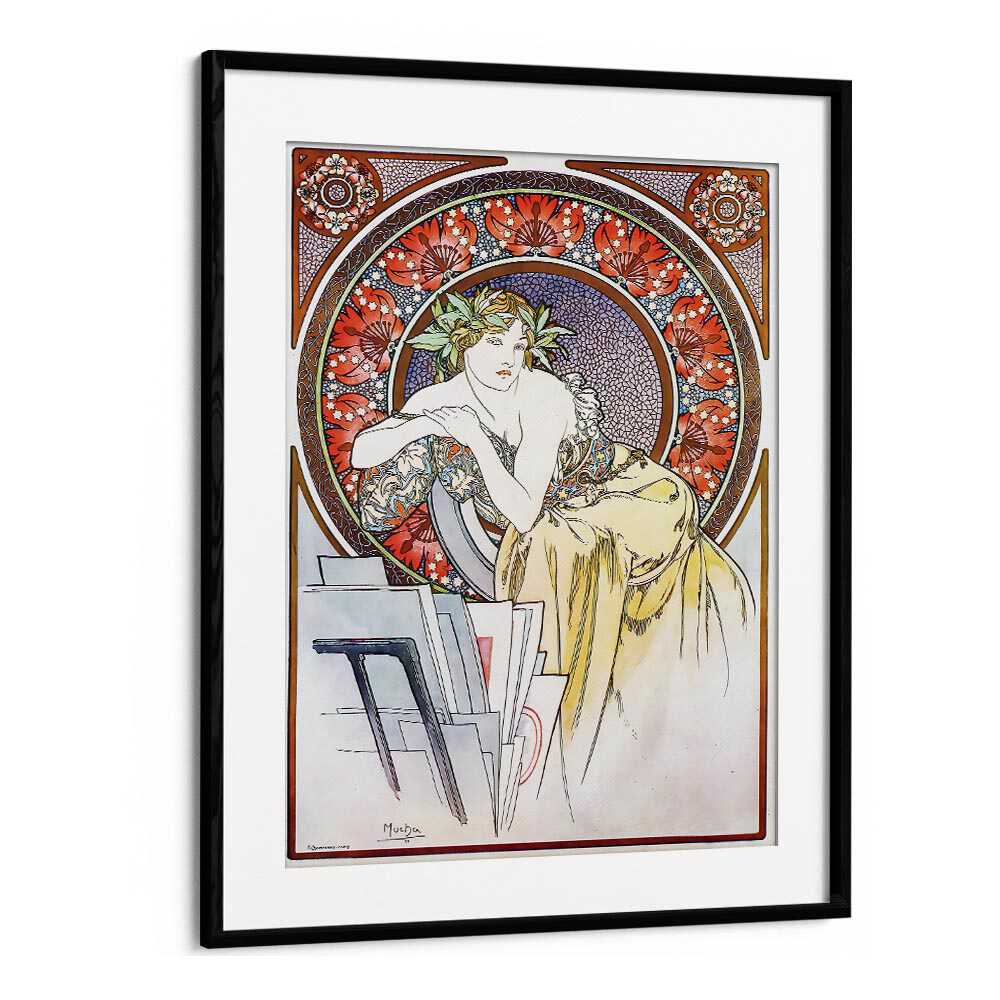 Femme Au Carton A Dessins Girl With Easel 1898 By Alphonse Mucha Vintage Paintings in Black Frame With Mount