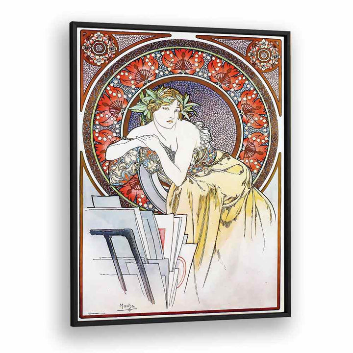 Femme Au Carton A Dessins Girl With Easel 1898 By Alphonse Mucha Vintage Paintings in Black Plain Frame