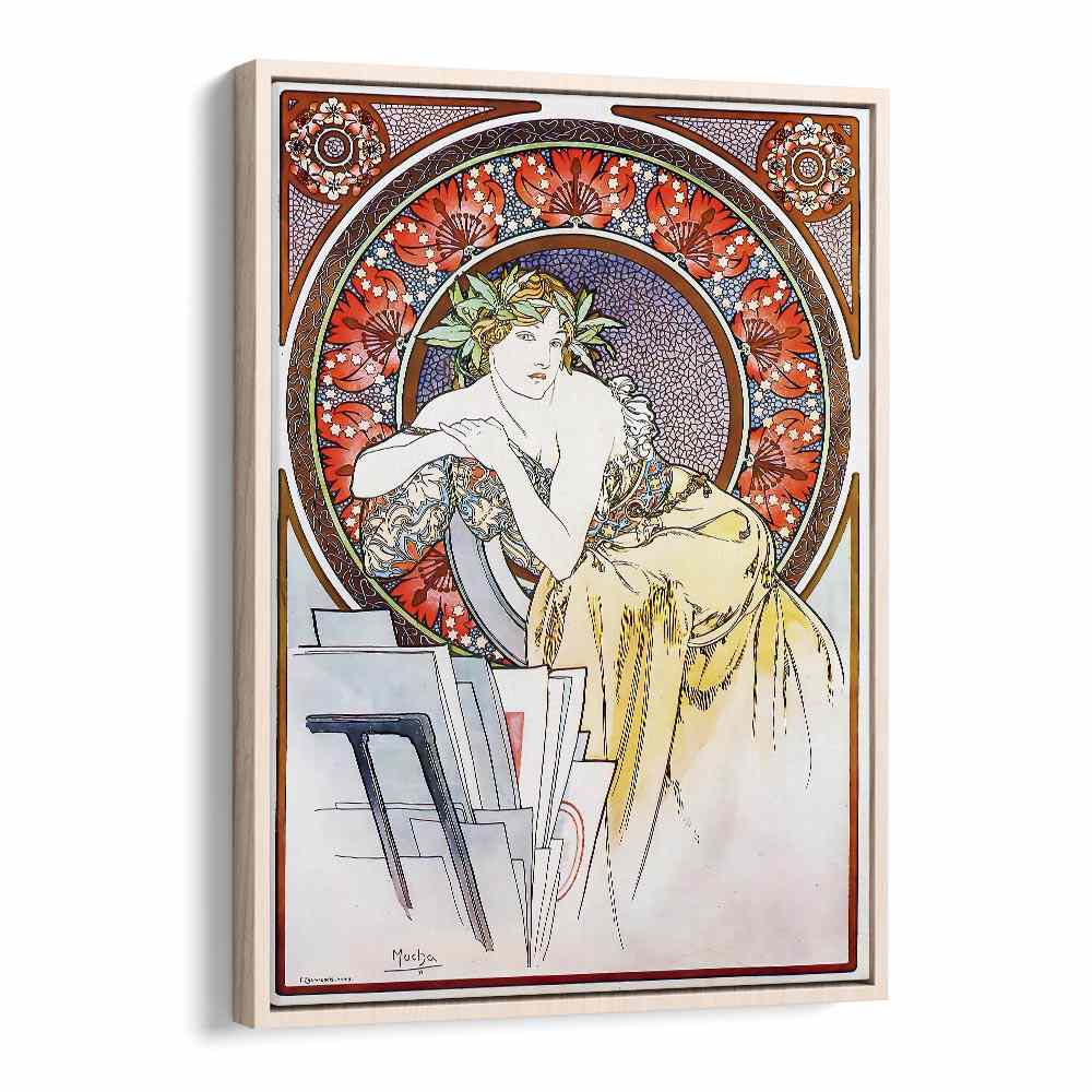 Femme Au Carton A Dessins Girl With Easel 1898 By Alphonse Mucha Vintage Paintings in Oak Wood Floater Frame