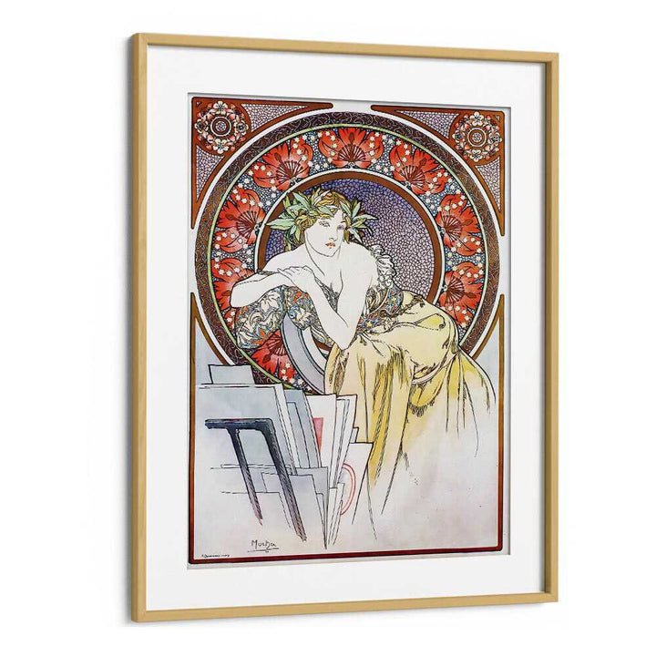 Femme Au Carton A Dessins Girl With Easel 1898 By Alphonse Mucha Vintage Paintings in Oak Wood Frame With Mount