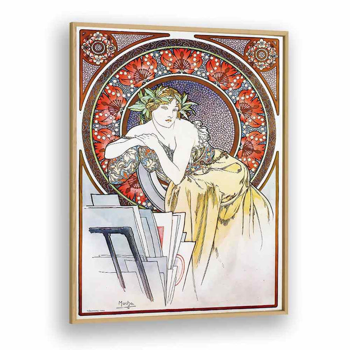 Femme Au Carton A Dessins Girl With Easel 1898 By Alphonse Mucha Vintage Paintings in Oak Wood Plain Frame