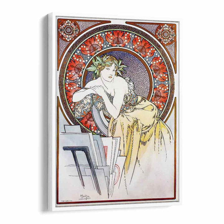 Femme Au Carton A Dessins Girl With Easel 1898 By Alphonse Mucha Vintage Paintings in White Floater Frame