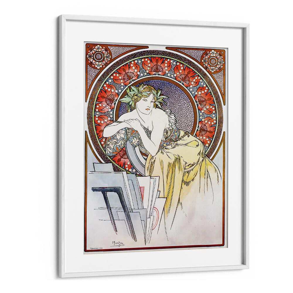 Femme Au Carton A Dessins Girl With Easel 1898 By Alphonse Mucha Vintage Paintings in White Frame With Mount