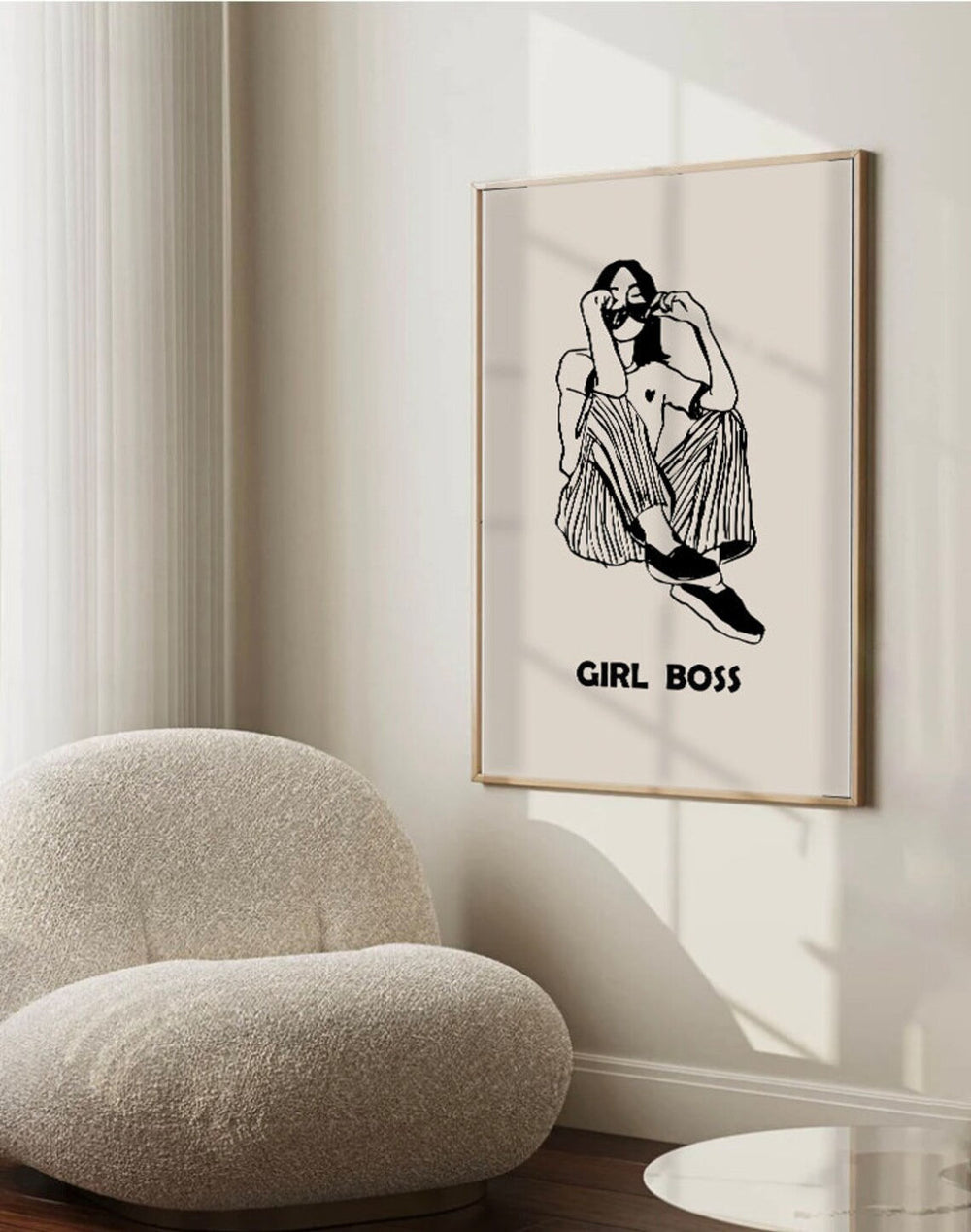 Femme Force Manifesto  Women Illustrations paintings in Oak Wood Floater Frame placed on a wall beside a sofa