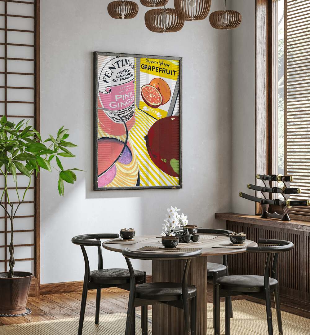 Fentima Grapefruit by Studio Mandariini Kitchen Posters Kitchen Art Prints in Black Plain Frame placed on a wall in a dining room area behind a dining table