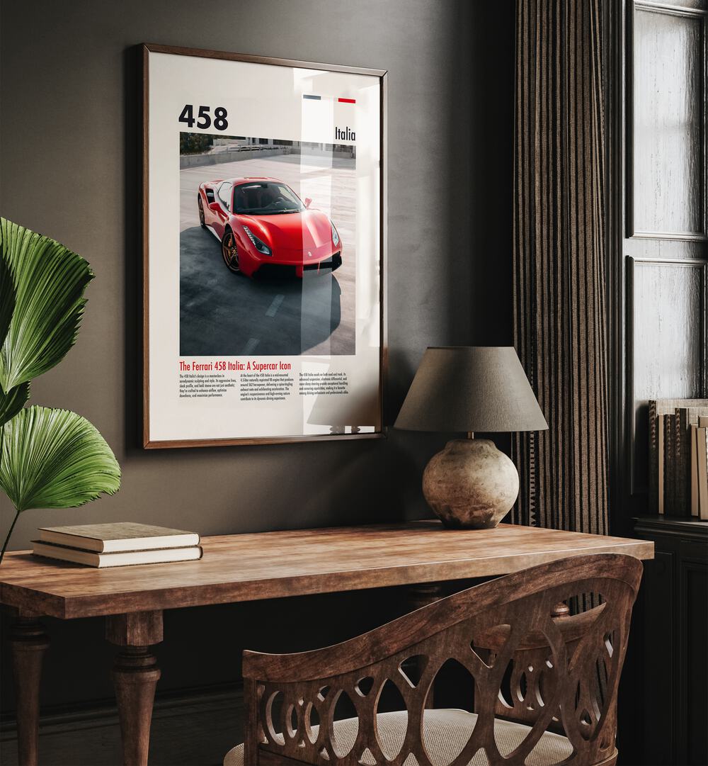 Ferarri 458 Italia Car Posters Automotive Wall Art Prints in Dark Wood Plain Frame placed on a Dark Brown Colored Wall Above a Study Table in a Workspace in the Drawing Room