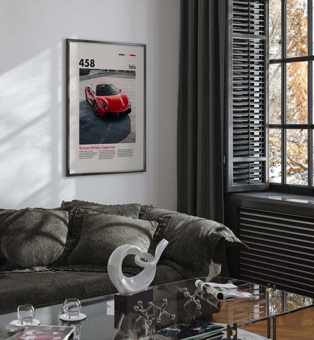 Ferarri 458 Italia Car Posters Automotive Wall Art Prints in Black Plain Frame placed on a White Colored Wall near a Grey Sofa in the Living Room