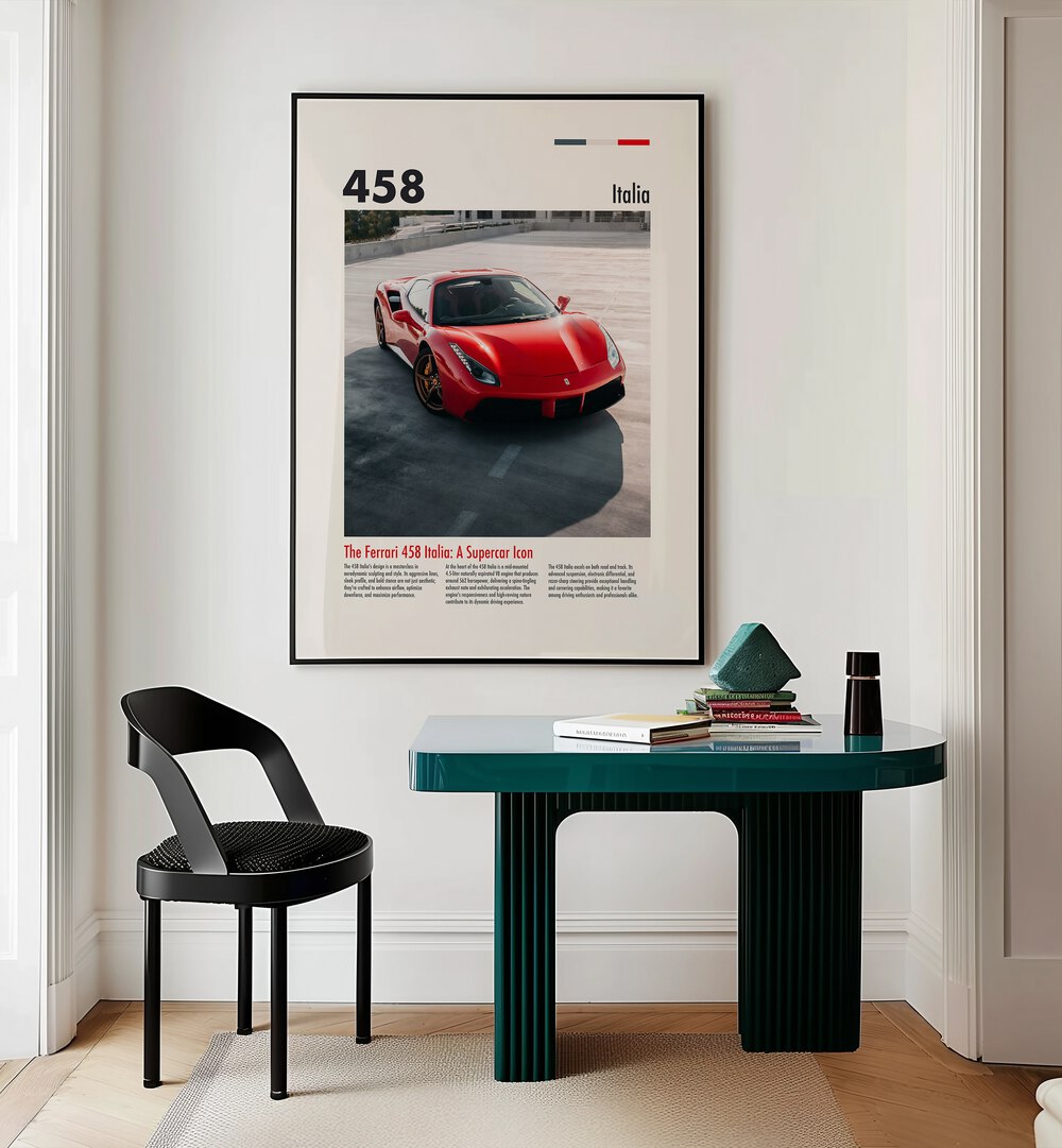 Ferarri 458 Italia Car Posters Automotive Wall Art Prints in Black Plain Frame placed on a Cream Colored Wall near a Study Table in a Workspace in the Drawing Room