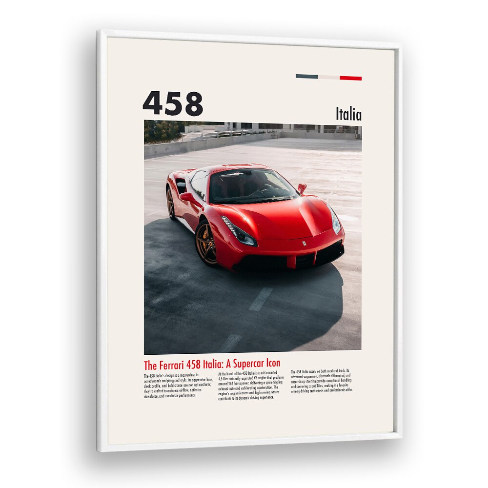 Ferarri 458 Italia Car Posters Automotive Wall Art Prints in White Plain Frame