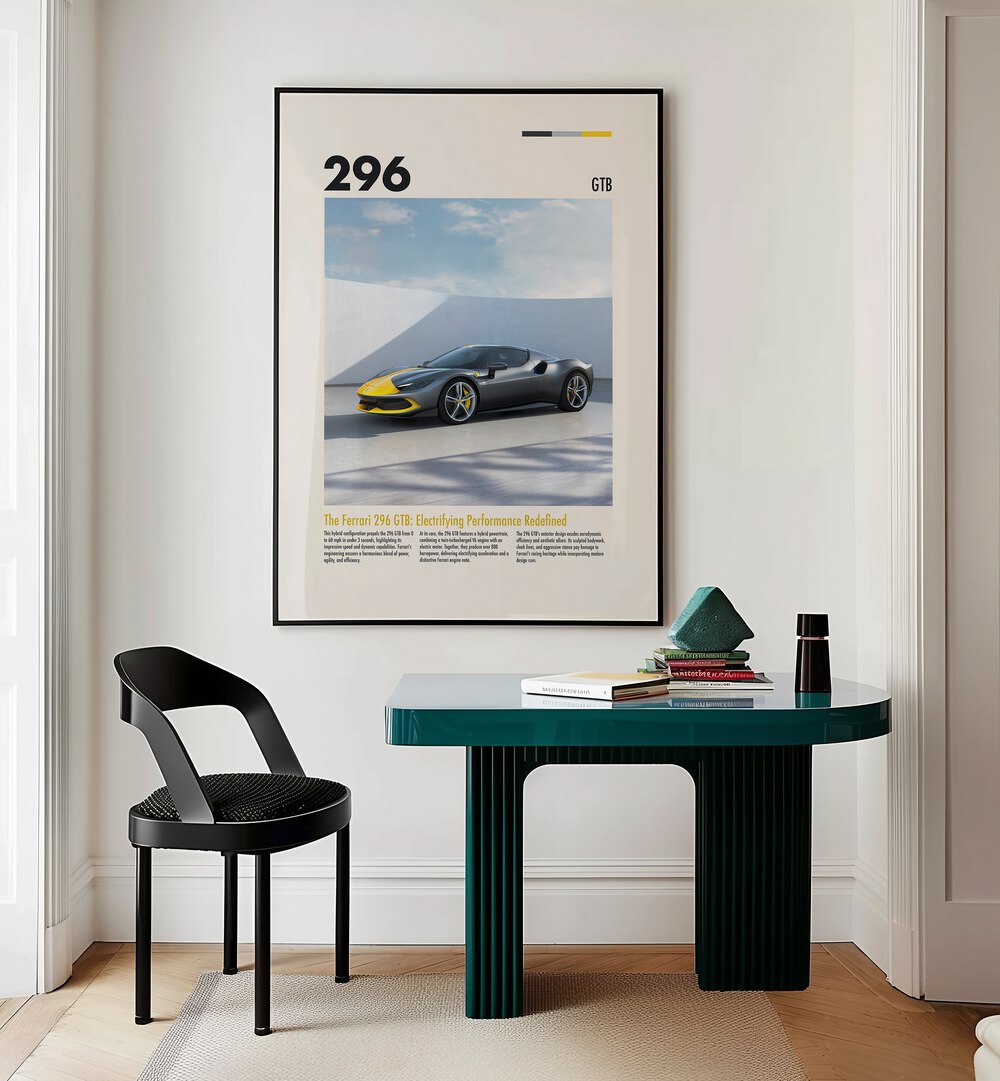 Ferrari 296 GTB Car Posters Automotive Wall Art Prints in Black Plain Frame placed on a Cream Colored Wall near a Study Table in a Workspace in the Drawing Room