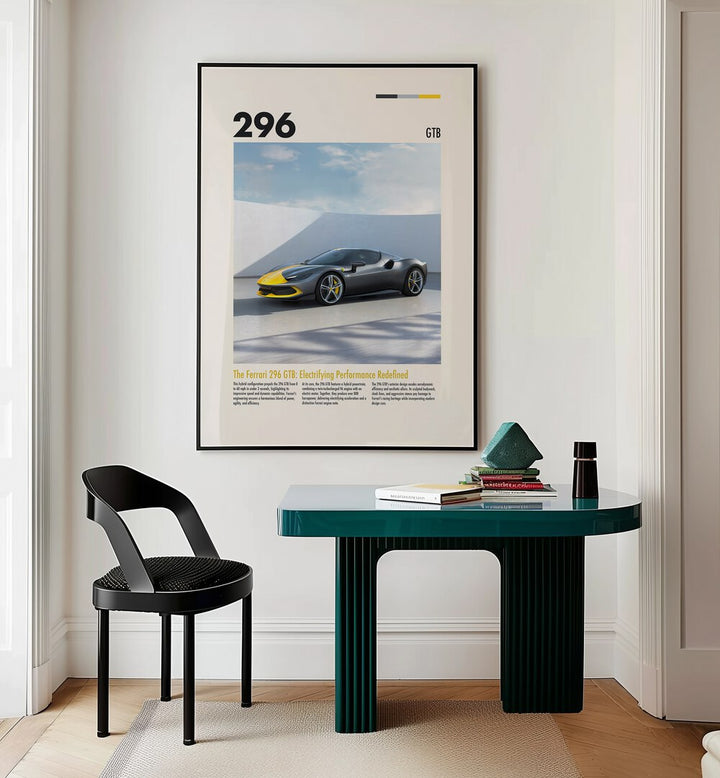 Ferrari 296 GTB Car Posters Automotive Wall Art Prints in Black Plain Frame placed on a Cream Colored Wall near a Study Table in a Workspace in the Drawing Room