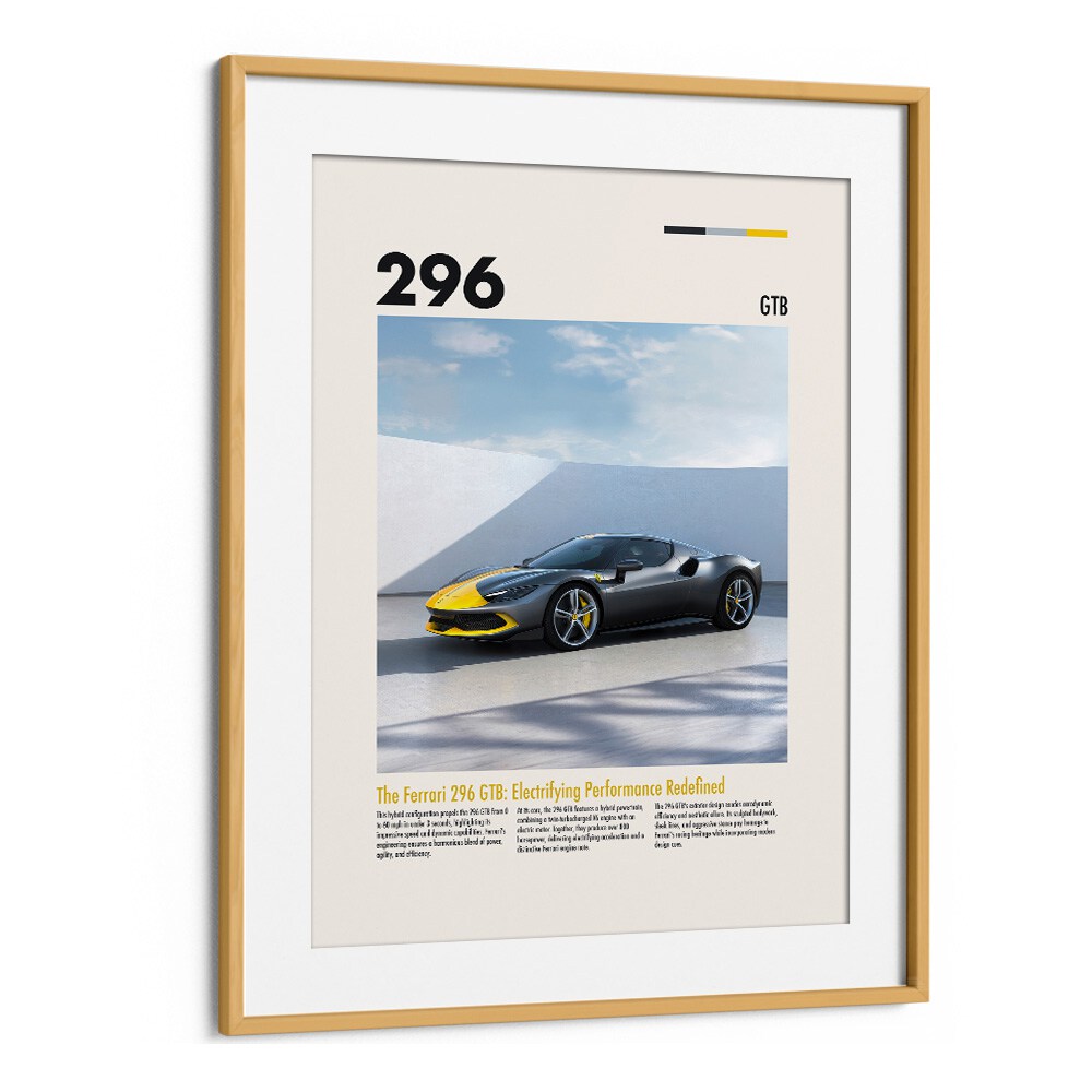 Ferrari 296 GTB Car Posters Automotive Wall Art Prints in Oak Wood Frame With Mount