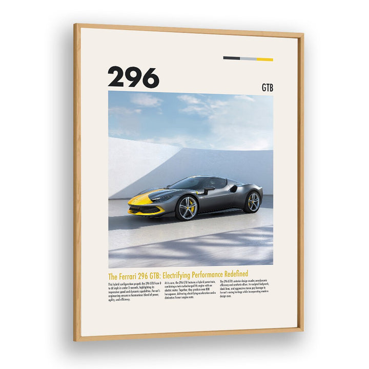 Ferrari 296 GTB Car Posters Automotive Wall Art Prints in Oak Wood Plain Frame