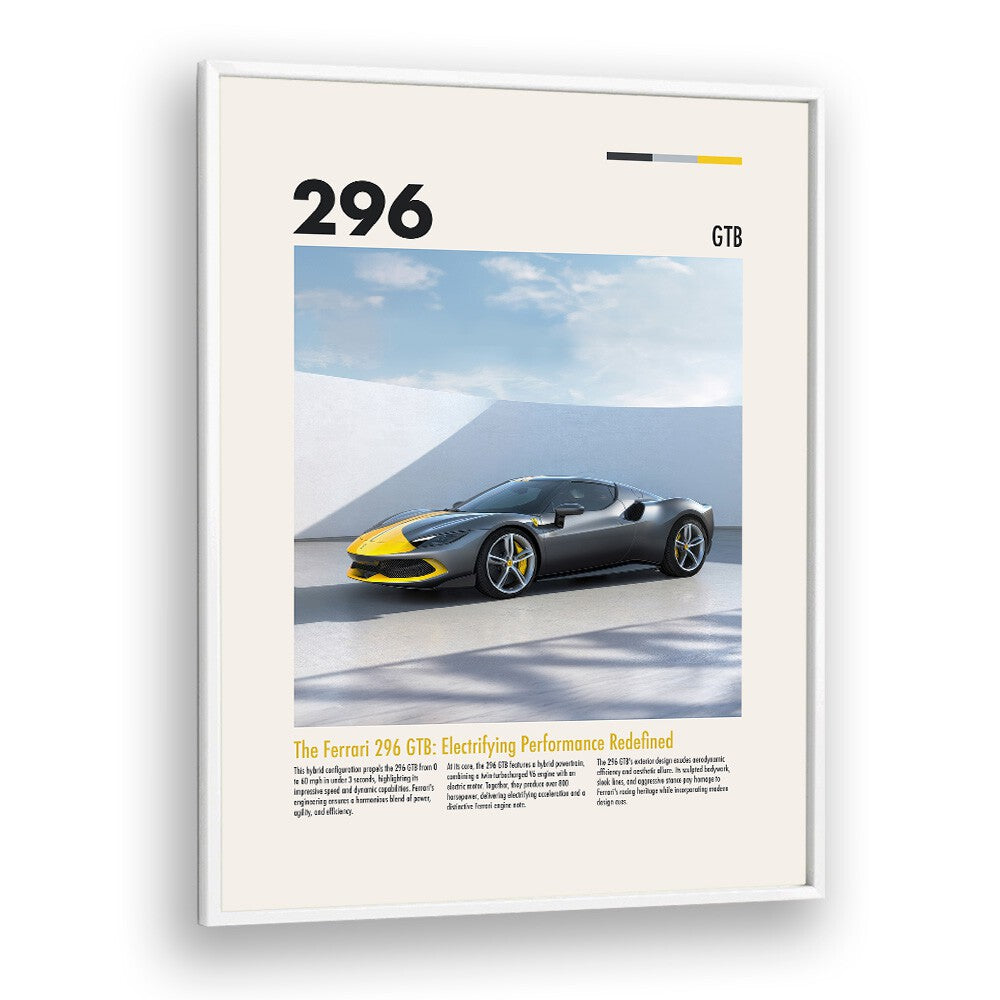 Ferrari 296 GTB Car Posters Automotive Wall Art Prints in White Plain Frame