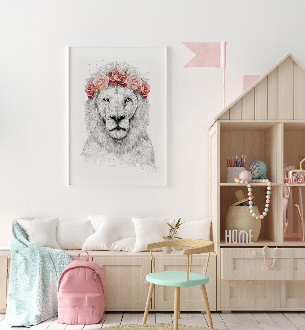 Festival Lion By Balazs Solti Kids Room Art in White Plain Frame placed on a White Colored Wall in the Kids Room