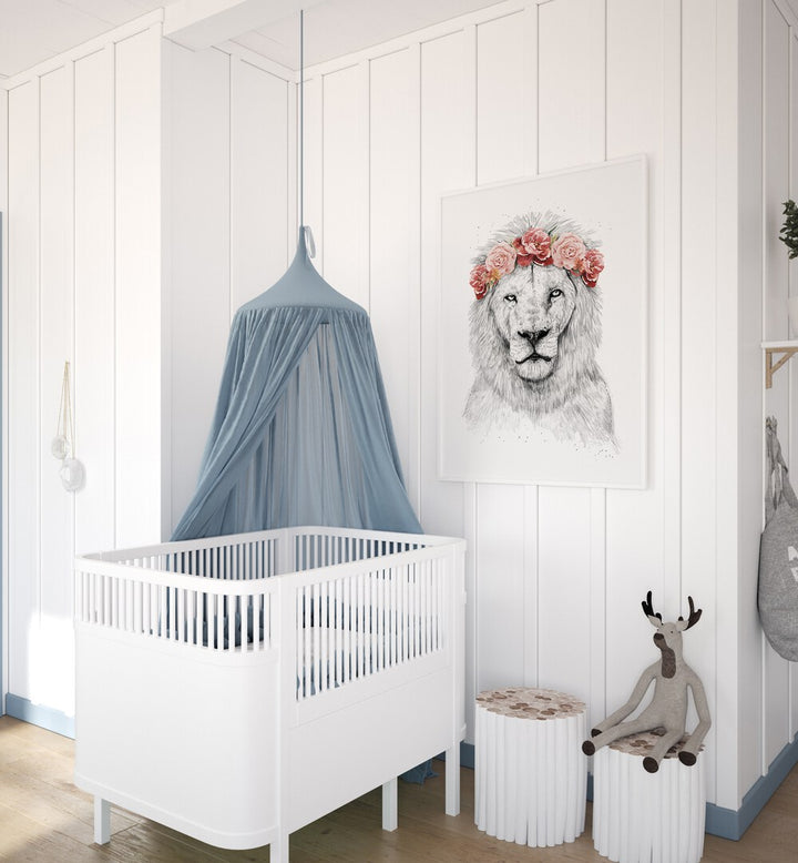 Festival Lion By Balazs Solti Kids Room Art in White Plain Frame placed on a White Colored Wall in the Kids Room