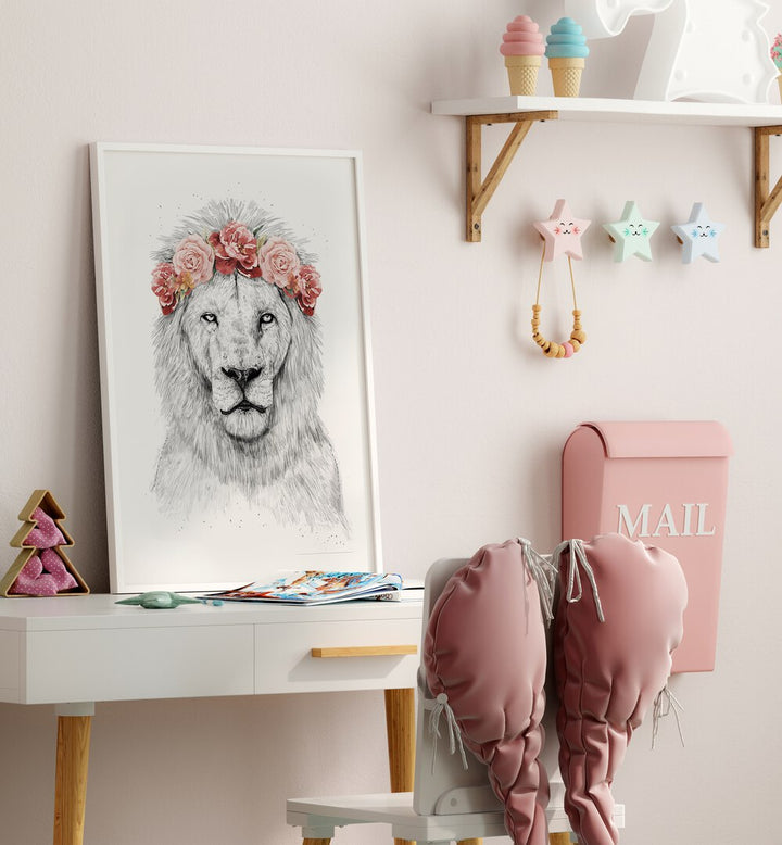 Festival Lion By Balazs Solti Kids Room Art in White Plain Frame placed on a Study Table near a White Colored Wall in the Kids Room