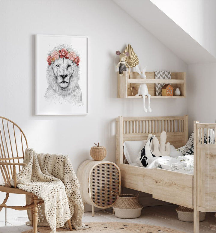 Festival Lion By Balazs Solti Kids Room Art in White Plain Frame placed on a White Colored Wall near a Bed in the Kids Room