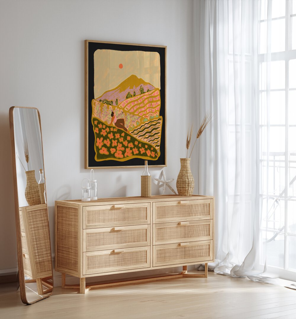 Field Of Flower By Arty Guava Wall Art Prints in Oak Wood Plain Frame placed on a White Colored Wall above a Console Table in the Drawing Room 