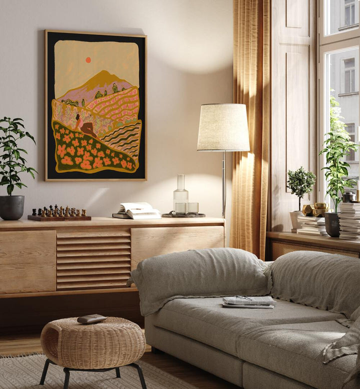 Field Of Flower By Arty Guava Wall Art Prints in Oak Wood Plain Frame placed on a Cream Colored Wall above a Console Table near a Grey Sofa  in the Living Room