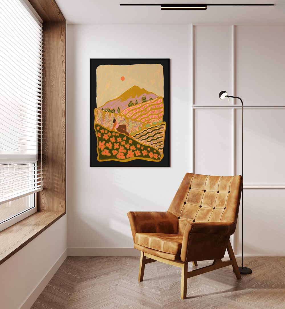 Field Of Flower By Arty Guava Wall Art Prints in Black Plain Frame placed on a Cream Colored Wall in the Drawing Room