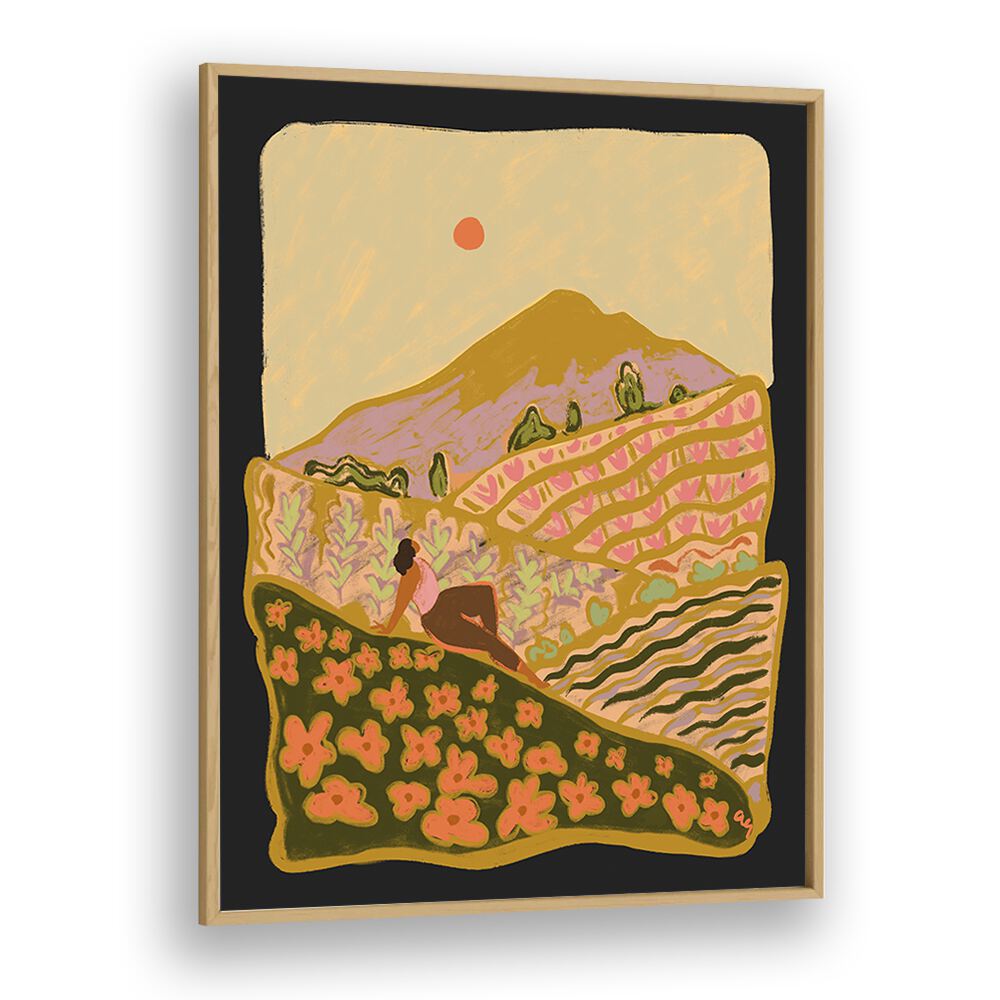 Field Of Flower By Arty Guava Wall Art Prints in Oak Wood Plain Frame