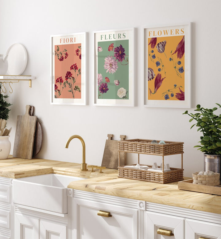 Fiori Set Set Of 3 Paintings in White Plain Frame placed on a wall behind a kitchen counter