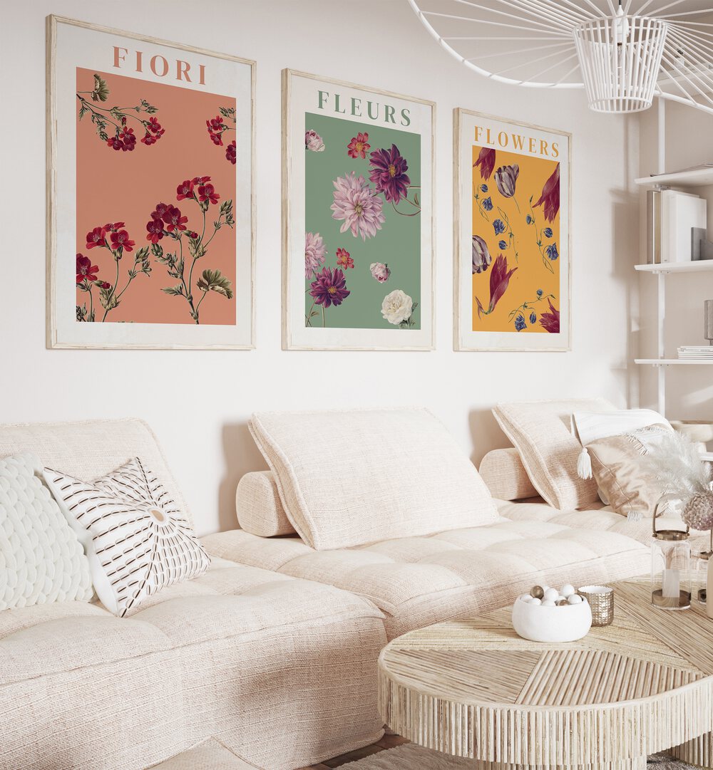 Fiori Set Set Of 3 Paintings in Oak Wood Plain Frame placed on a wall living room wall behind a sofa