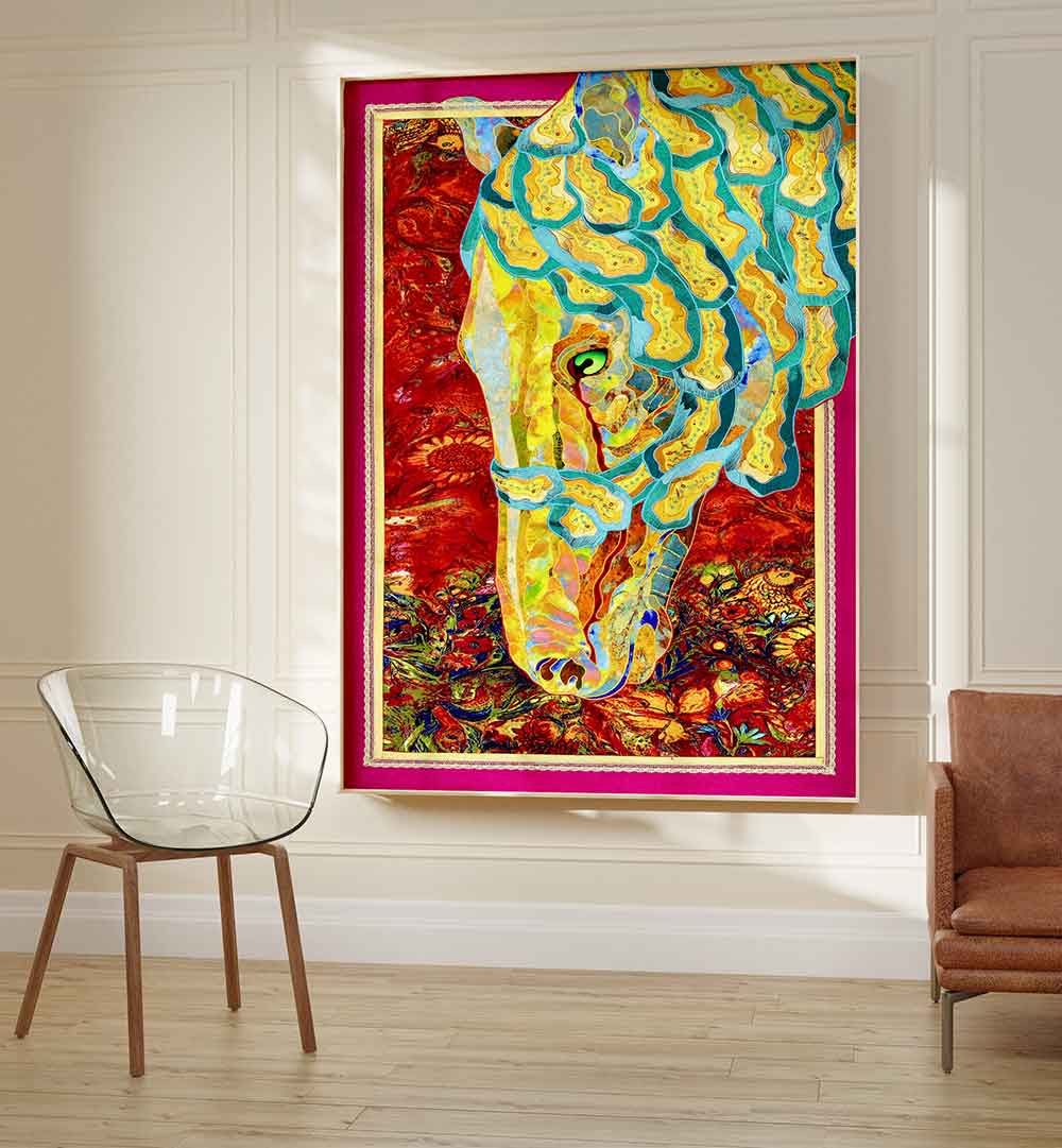 Vibrant FIRE & MANE animal painting showcasing a colorful horse head, perfect for modern home decor.