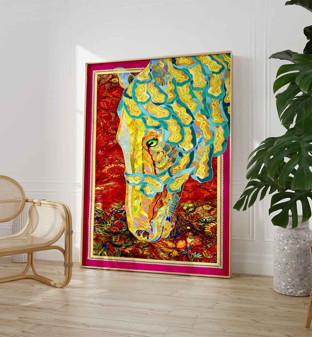 Vibrant FIRE & MANE animal painting showcasing a colorful horse against a fiery background, perfect for any art lover.