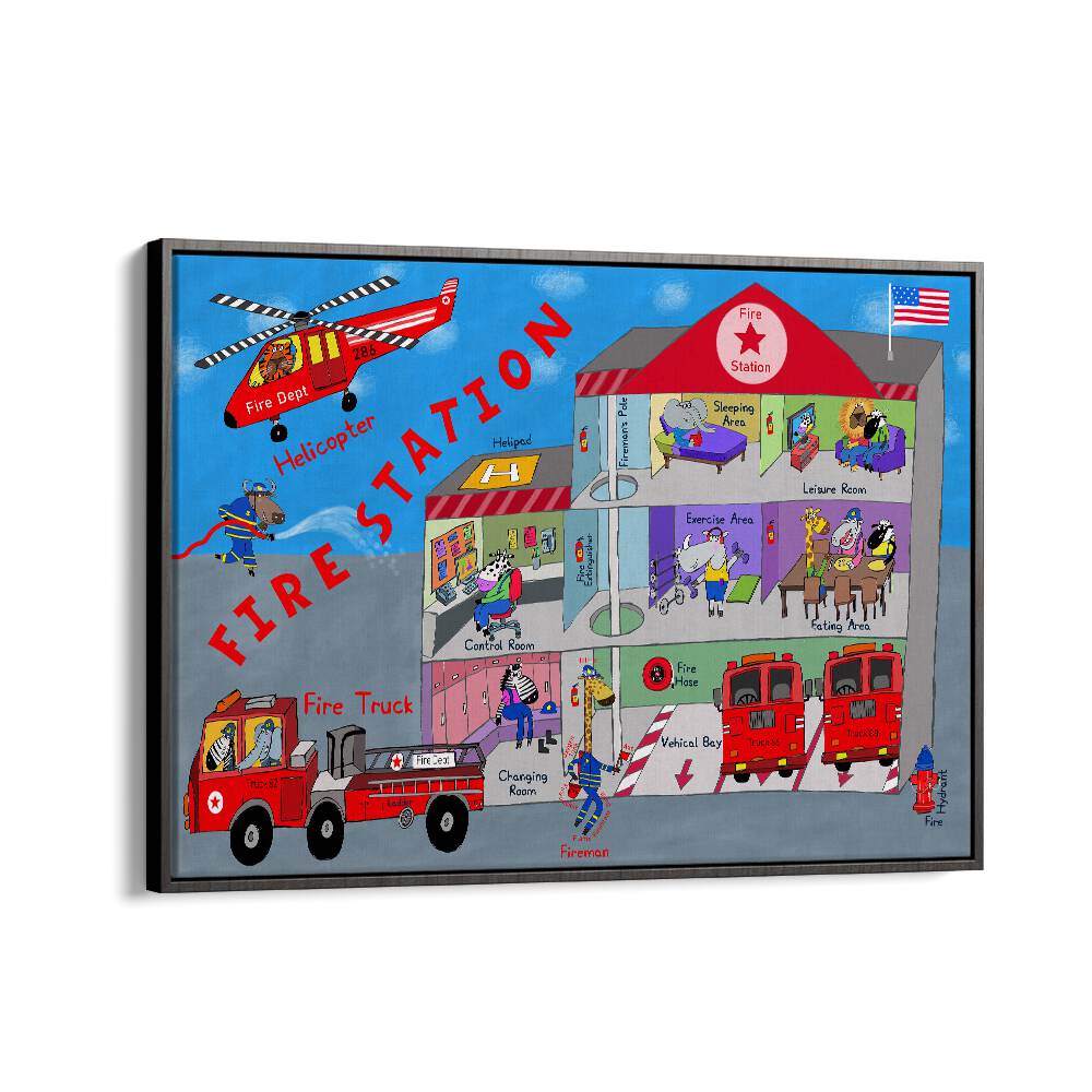 Firemen And The Fire Station By Carla Daly Kids Room Art in Black Floater Frame